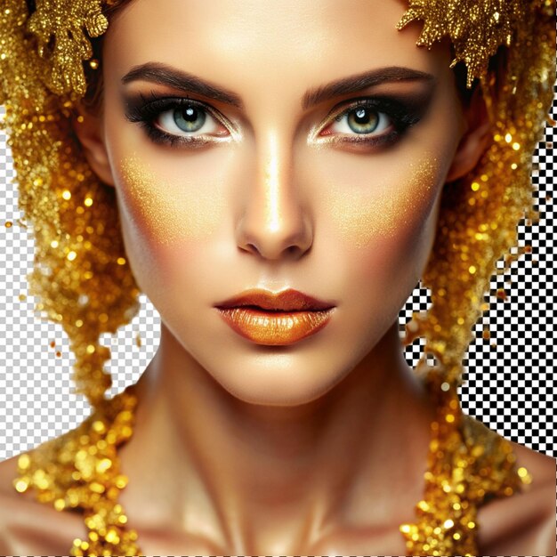 PSD a woman with a gold face and golden makeup a gold glitter on her face