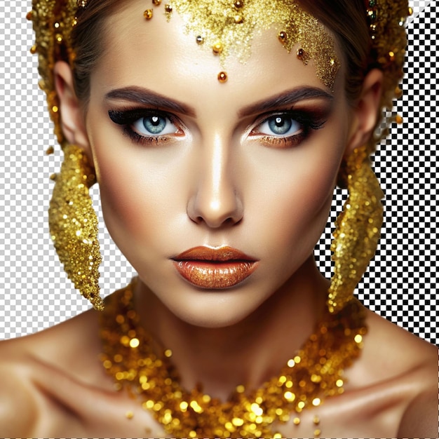 PSD a woman with a gold face and golden makeup a gold glitter on her face