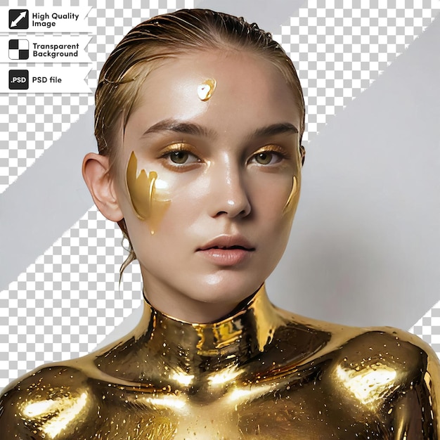 A woman with gold skin and gold glitter on her face