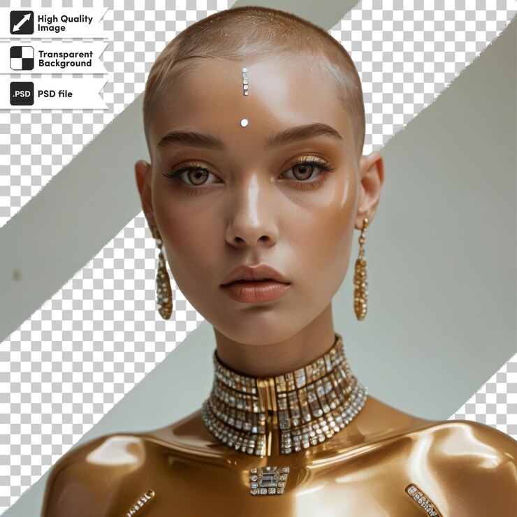 PSD a woman with a gold skin and a gold necklace