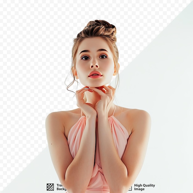 Woman with good skin in a pink dress on a white isolated background