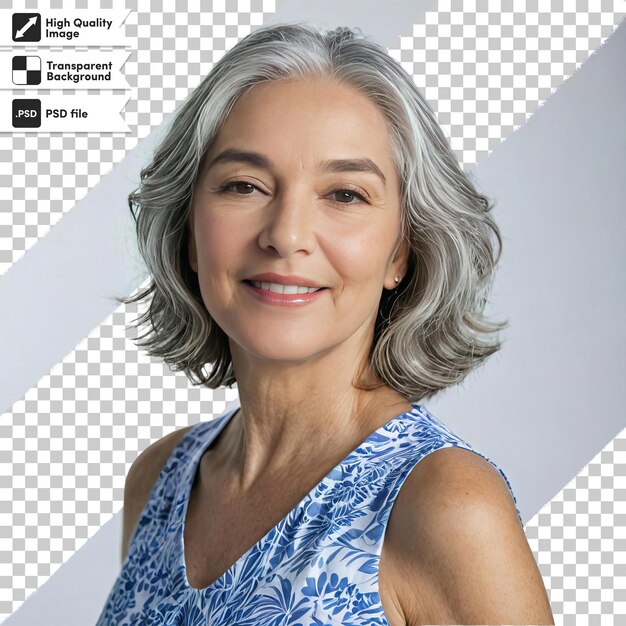 PSD a woman with gray hair and a blue floral top is shown