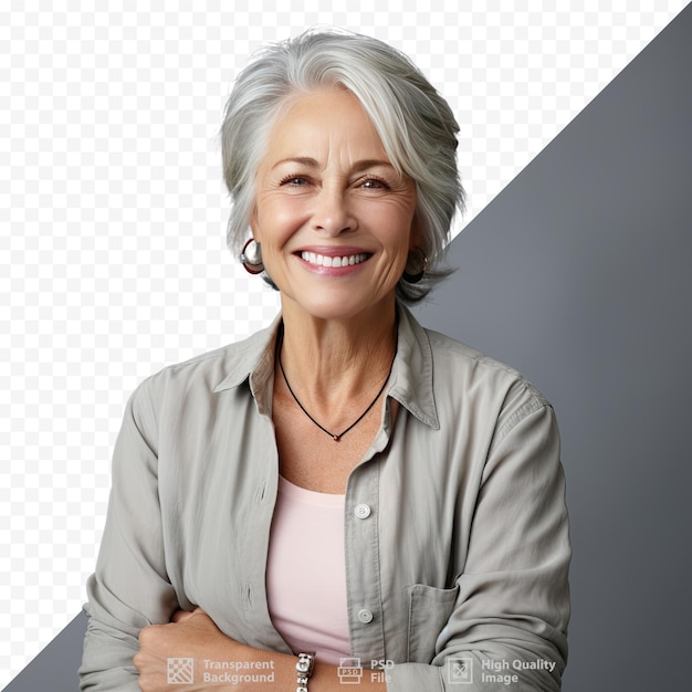 PSD a woman with gray hair and a brown shirt with a brown logo on it.