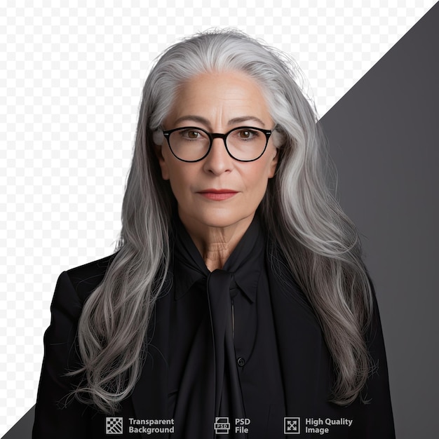 A woman with gray hair and glasses is standing in front of a grid that says 