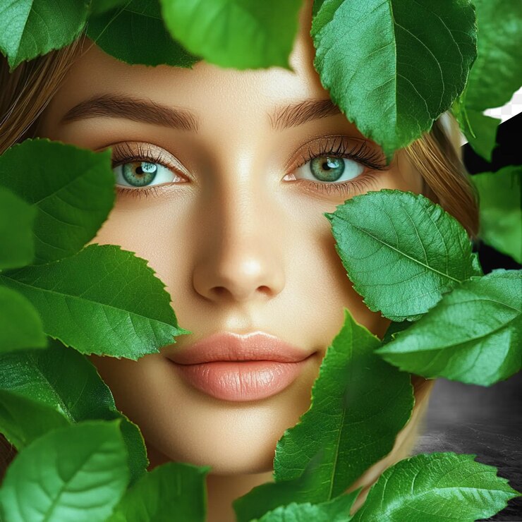 PSD a woman with green eyes and a green background of leaves