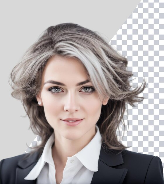 PSD a woman with grey hair and a white shirt has a gray hairline