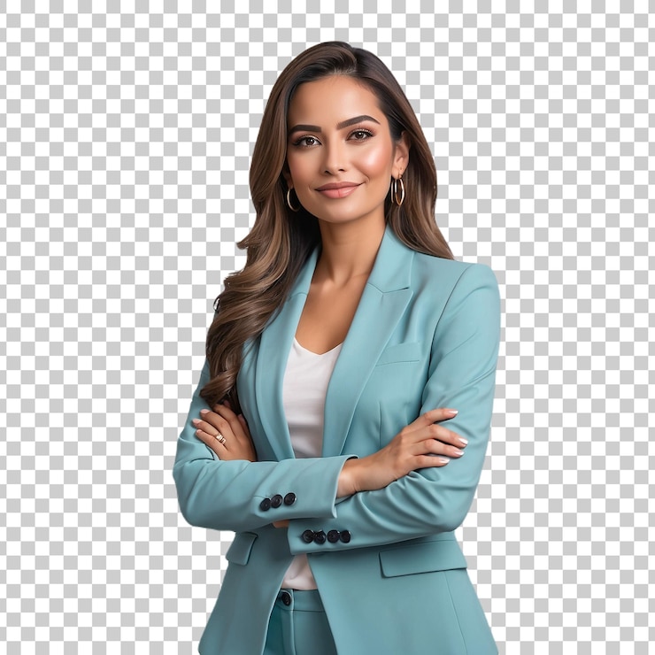 PSD a woman with her arms crossed and a blue shirt on