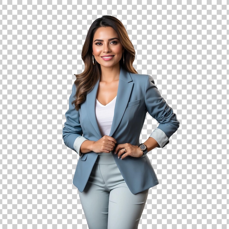 PSD a woman with her arms crossed and a blue shirt on