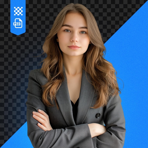 A woman with her arms crossed in front of a blue background