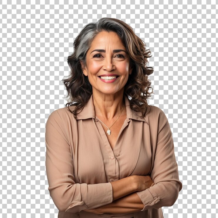 PSD a woman with her arms crossed and a smile on her face isolated on transparent background