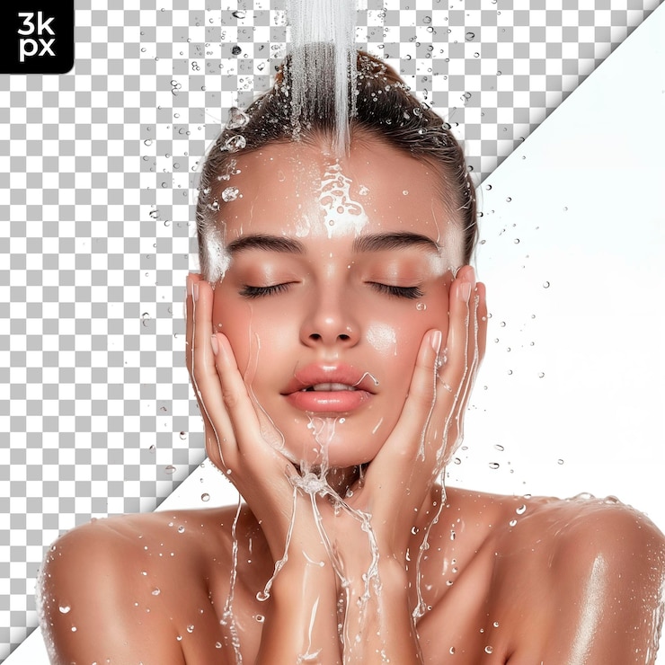 PSD a woman with her eyes closed and the water splash is spraying