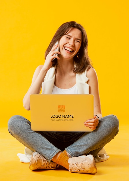 Woman with laptop mock-up