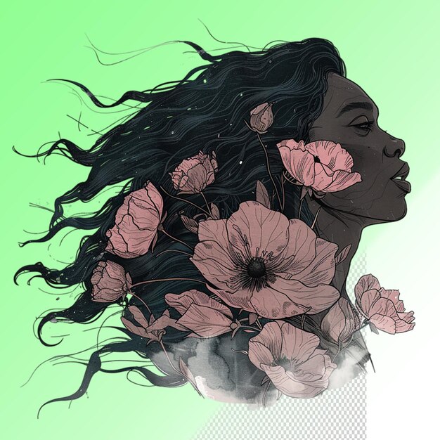 PSD a woman with long black hair and a flower in her hair