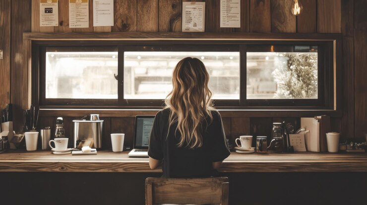 PSD a woman with long blonde hair sits in front of a window working on her laptop in a cozy coffee shop setting