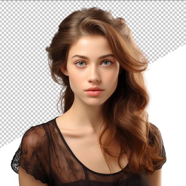 PSD a woman with long brown hair and a black top with a black lace on the front