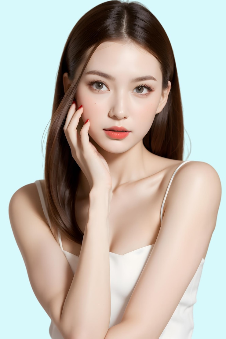 PSD 長い茶色のの女性が写真にポーズをとっている