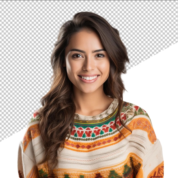 PSD a woman with long brown hair wearing a colorful sweater