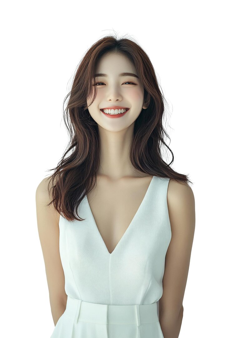 PSD 긴 갈색 머리카락과 색 을 입은 여자가 얼굴에 미소를 짓고 있다