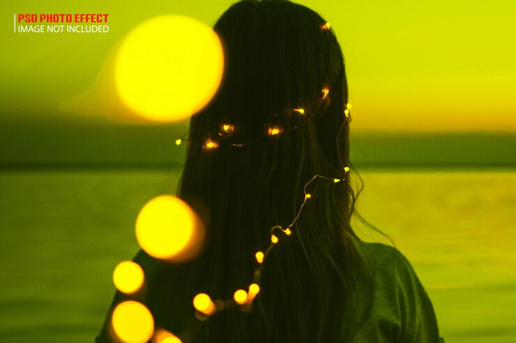 PSD a woman with long hair and a green shirt is standing in front of a yellow background
