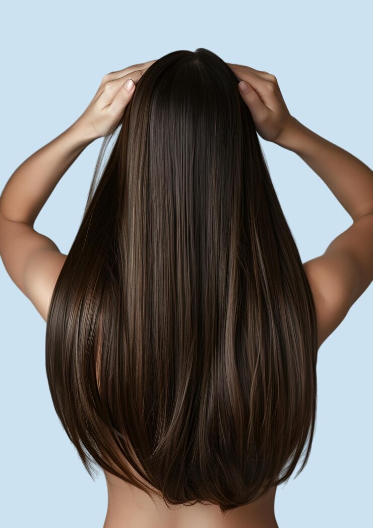 長いの女性がヘアクエストと書かれたクリップで彼女の頭のクリップを握っています