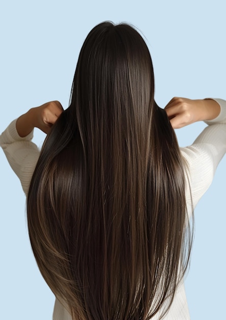 a woman with long hair is holding her back to her head