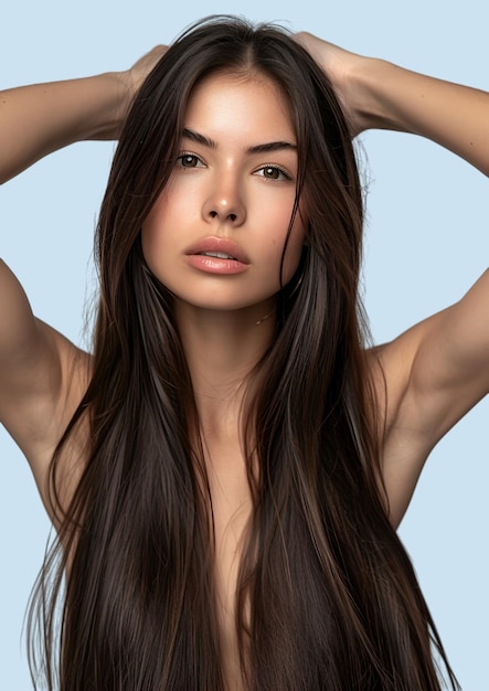 a woman with long hair and a long brown hair is posing with her hands on her head