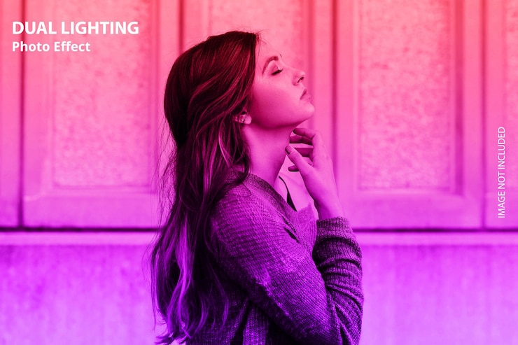 PSD a woman with long hair and a purple shirt is standing in front of a purple wall