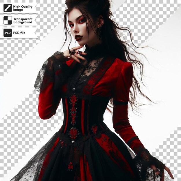 PSD a woman with long hair and a red dress with a black lace trim