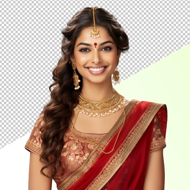 PSD a woman with long hair smiling in a red sari
