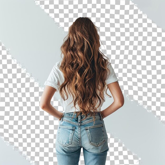 A woman with long hair stands in front of a white background