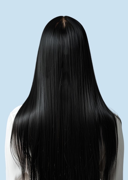 a woman with long hair with a white shirt that says hairline on it