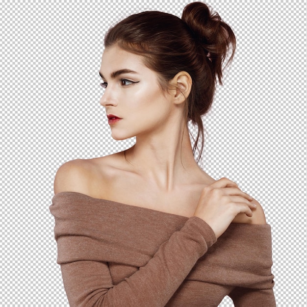 Woman with makeup posing in profile on pink