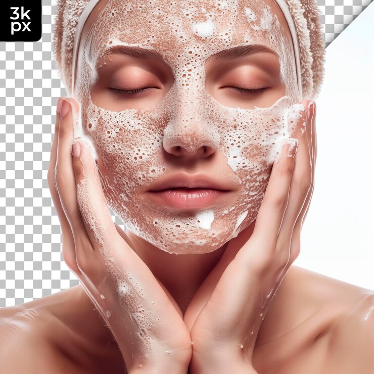 PSD a woman with a mask of white powder on her face