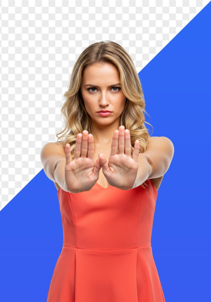 PSD woman with outstretched arms in front of her making a stop gesture