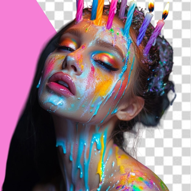 a woman with a paint on her face is covered in colored paint