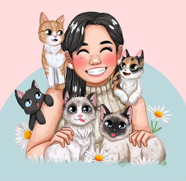 애완동물 고양이 와 함께 있는 여자 귀여운 새끼 고양이 수의사 일러스트레이션