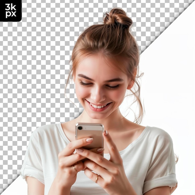 PSD a woman with a phone isolated on transparent background