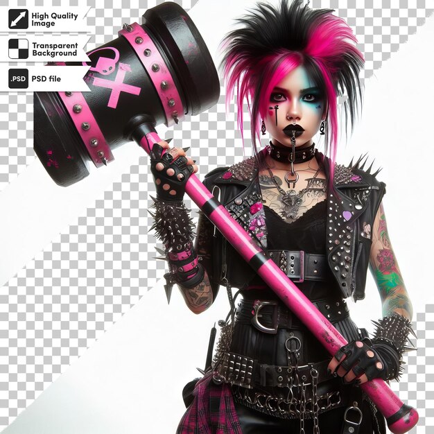 PSD a woman with a pink and black outfit holding a giant axe