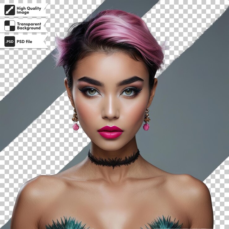 PSD a woman with pink hair and a black and white background with a black and white logo
