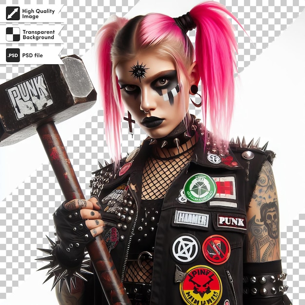 PSD a woman with pink hair holding an axe with many other badges on it