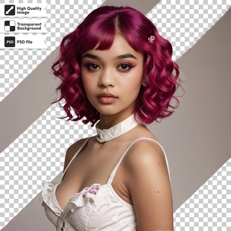 PSD ピンクのとフロントに花がついた白いドレスを着た女性