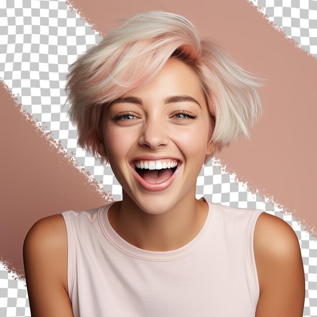 A woman with pink hair and a white shirt smiles with a smile on her face.