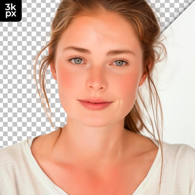 PSD a woman with a pink lips and a white shirt with a black border