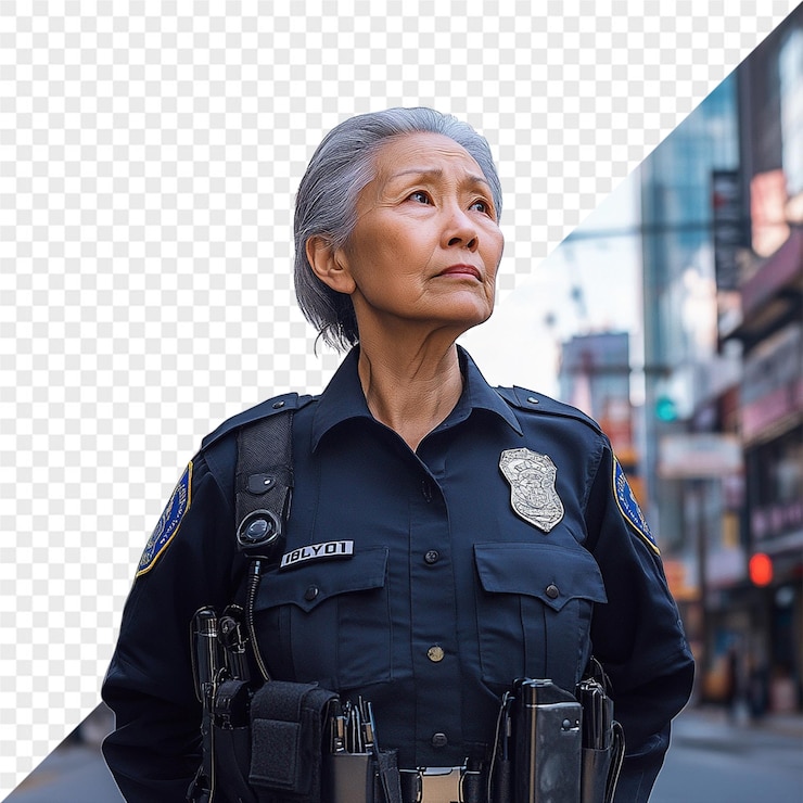 PSD a woman with a police badge on her neck