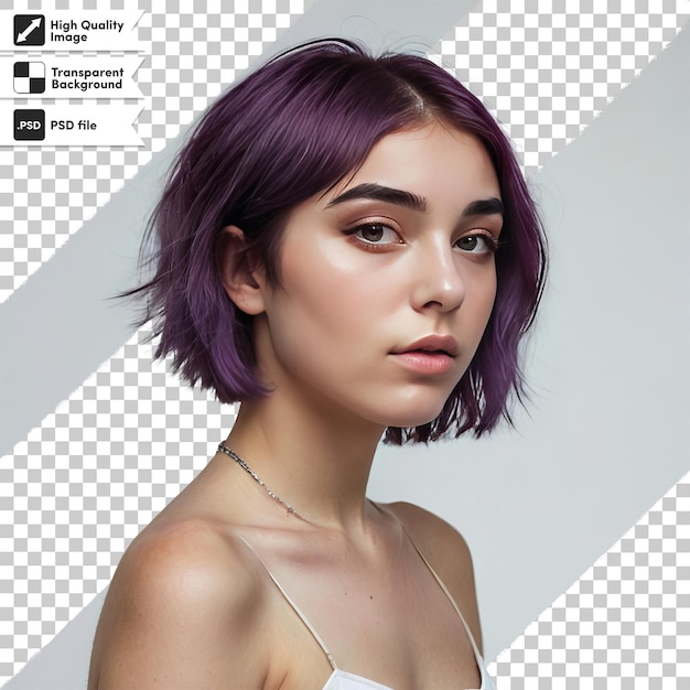 PSD a woman with purple hair is standing in front of a white background