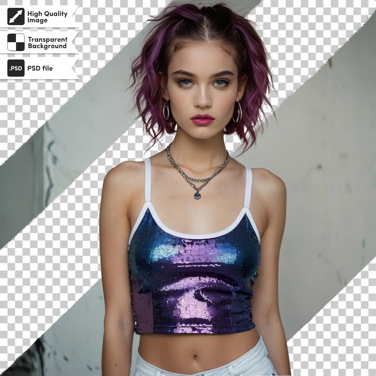 PSD женщина с фиолетовыми волосами стоит перед стеной с фотографией девушки с фиолетными волосами