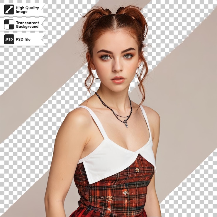 PSD a woman with a red bow on her neck stands in front of a black and white background
