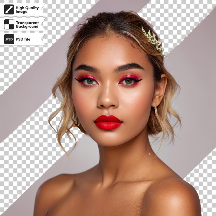 PSD a woman with a red lip gloss is shown with a gold flower in the middle