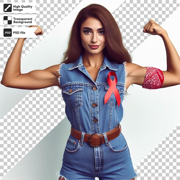 A woman with a red ribbon on her arm is showing her muscles