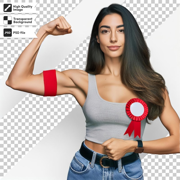 A woman with a red ribbon in her hand is showing her muscles